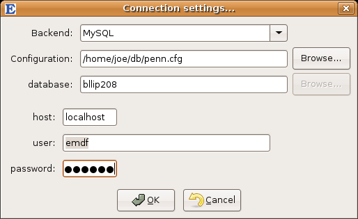MySQL/PostgreSQL Connection settings dialog, filled with values