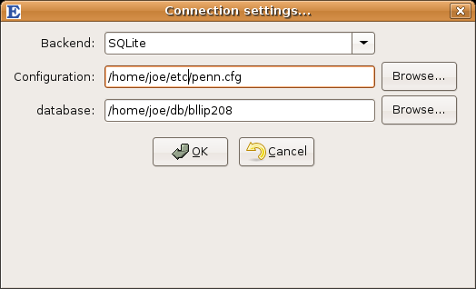 SQLite Connection
settings dialog, filled with values
